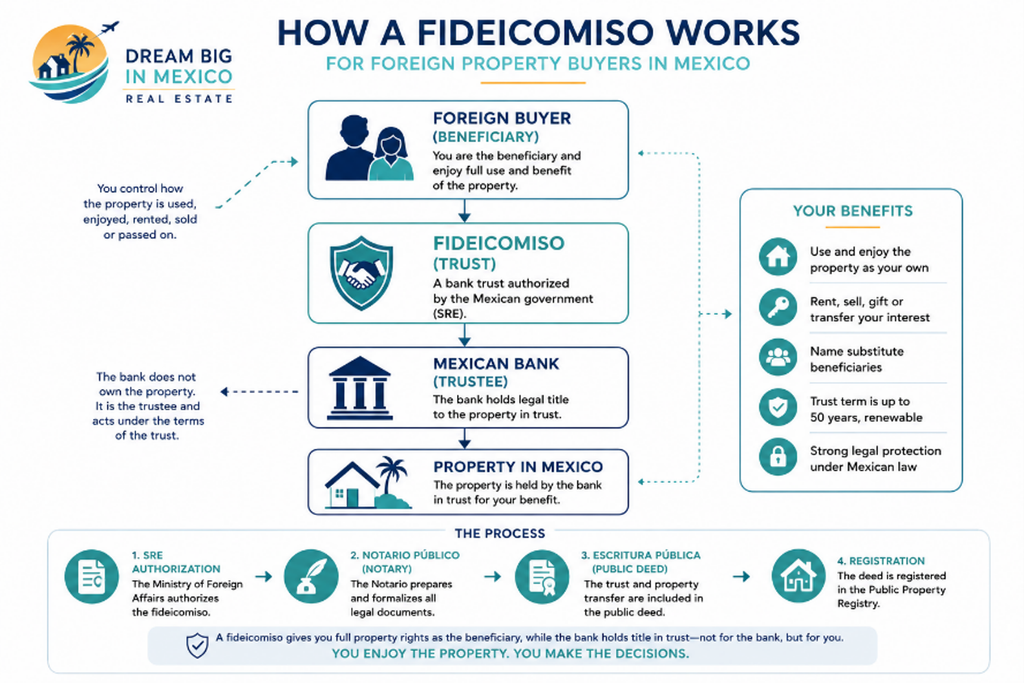 Diagram explaining how a fideicomiso in Mexico works for foreign property buyers, including the buyer, bank trustee and property