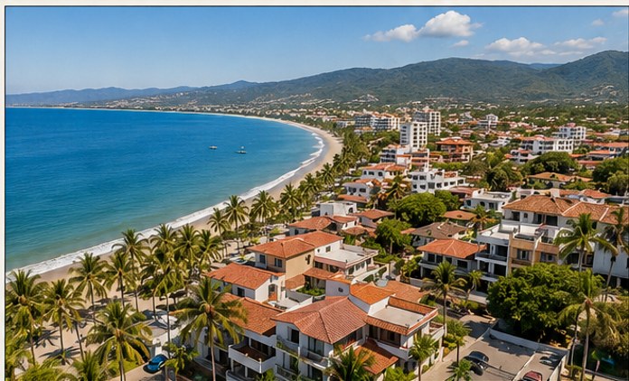 Aerial view of Bucerías and Banderas Bay illustrating properties where buyers should budget for closing costs in Mexico