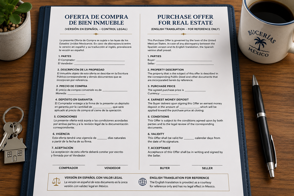 Bilingual Mexican real estate purchase offer with Spanish on the left and English on the right