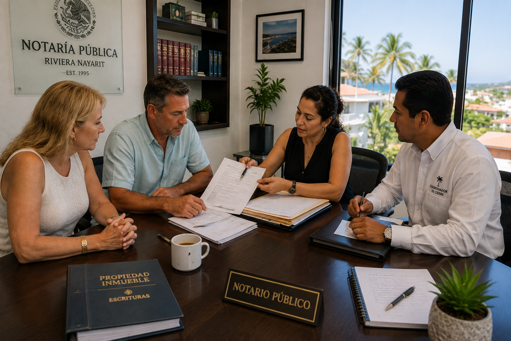 Buyer reviewing Mexico real estate closing documents with a closing coordinator and Notario Público