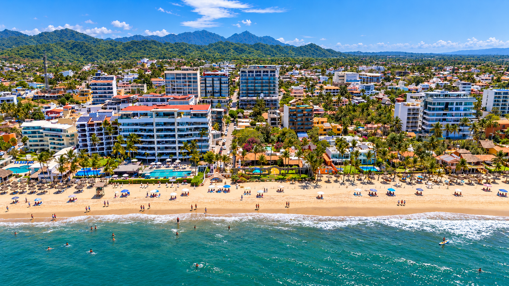 Beachfront condos in Bucerías, Nayarit with the Sierra Madre mountains in the background