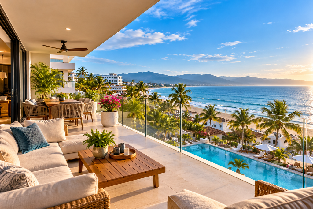 Ocean-view condo terrace overlooking the beach in Bucerías, Nayarit
